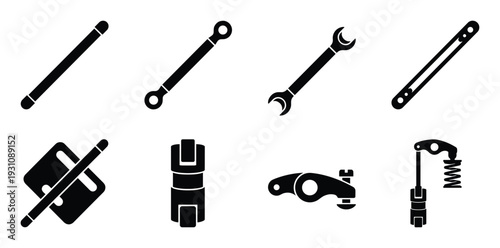 Mechanical part set, engineering components, tool silhouettes isolated design, machine parts vector illustration, black and white graphic.