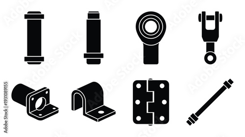 Mechanical parts vector set, components for machine construction, engineering elements collection black and white shapes