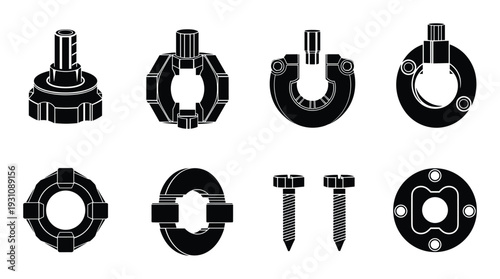 Mechanical parts vector illustration with fasteners and various clamping components