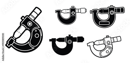 Micrometer instrument detailed vector illustrations set, precision measurement tool drawings, engineering design in black and white style