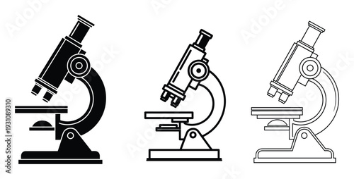 Microscope line art icons, black and outline science research tool illustrations on white background