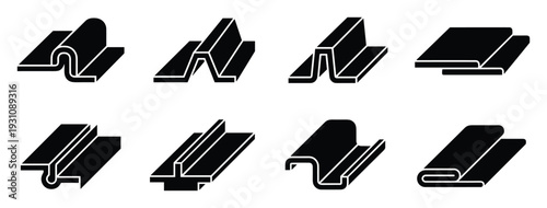 Metal profile construction forms with different cross-sections in an isometric view, metalworking and building materials