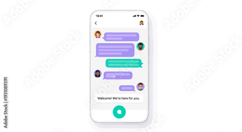 Modern Smartphone Displaying a Messaging Application Interface with Diverse Avatars and a Welcome Message for Online Communication