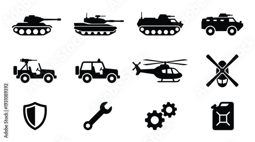 Military vehicles and equipment vector icons set, tank, jeep, helicopter, fuel can, shield, wrench, and gear icons.