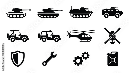 Military vehicles equipment silhouettes including tanks, jeeps, helicopters, armored vehicles, shield, wrench, gears, fuel can