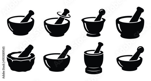 Mortar and pestle silhouettes collection, vector illustrations of pharmacy tools, apothecary symbols