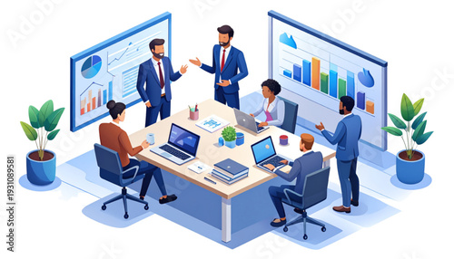 Team collaborating in a modern office meeting with digital presentations and brainstorming isolated on transparent background