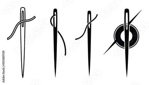 Needle threading techniques vector illustrations. Various ways of threading a needle.