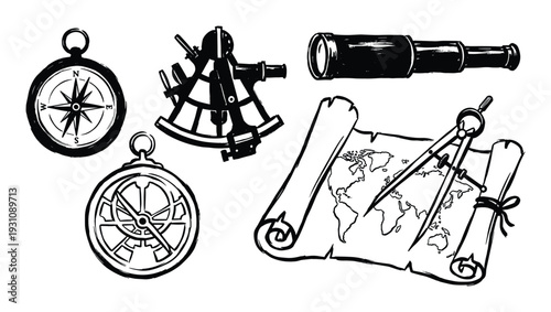 Nautical navigation tools compass sextant spyglass map vector illustration