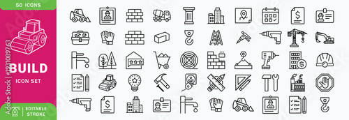 Construction or build line editable icon set. Contain icons related to build, construction, building, architecture, worker, and more. Editable stroke. Vector illustration