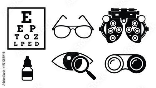 Optometry vector set eye chart, glasses, phoropter, drops, examination, and contact lens case