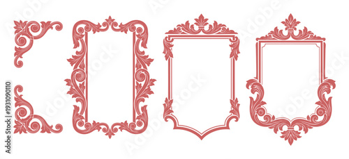 Ornamental frame collection with floral decoration in coral color, decorative frame borders and corner designs