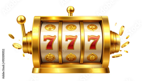 A golden slot machine with three illuminated reels and decorative elements ready for a spin isolated on transparent background
