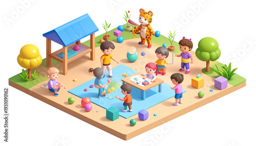 Colorful community pool party with diverse families and children enjoying summer fun together isolated on transparent background