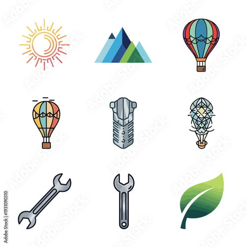Set of Icons: Sun, Mountains, Hot Air Balloons, Zipper, Wrench, Leaf
