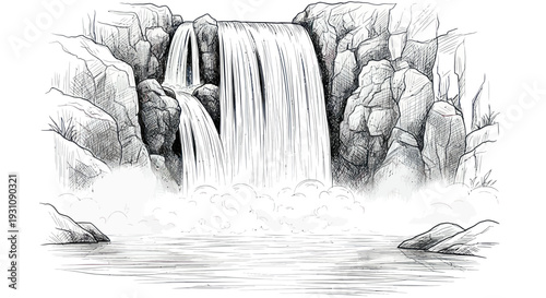 Sketch of a Waterfall Cascading Over Rocks into a Pool, Nature Illustration