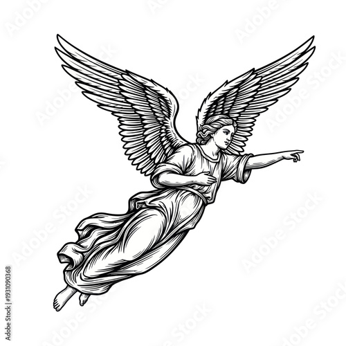 Angel Flying Pointing Direction, Divine Messenger, Heavenly Being, Illustration