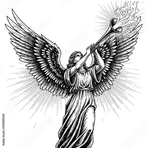 Angel Blowing Trumpet with Flames and Light Rays, Divine Messenger