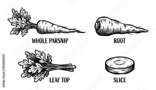 Parsnip Anatomy Sketch Illustration, Whole Parsnip, Root, Leaf Top and Slice isolated on a white background
