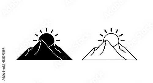 Mountain sunrise silhouette and line art combination illustration Vector