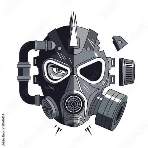 Dystopian Split Gas Mask Illustration with Human Eye | Cyberpunk Protective Gear Vector Art