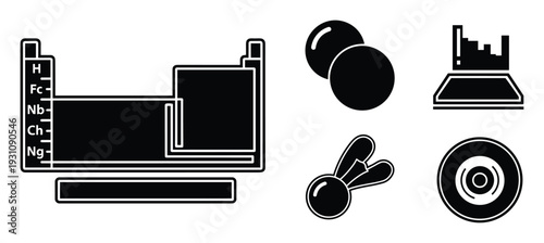 Periodic table element symbols with molecules diagram and analysis tools icons