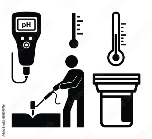 Pictogram depicting pH testing, temperature measurement, and sample collection for soil analysis.