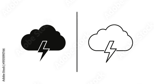 Weather icons with lightning bolts on clouds, day and night Vector