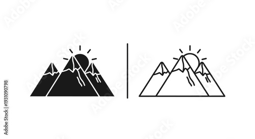 Mountain landscape with sunrise in black and white illustration style Vector