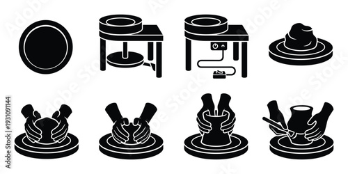 Pottery process vector illustration: clay, wheel, shaping, hands, and finishing steps.