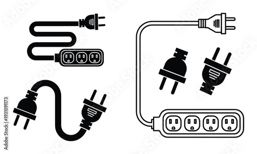Power plugs and outlet strips vector illustration. Electric plugs and multiple outlet power strip design.