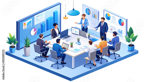 Diverse team collaborating in a modern office environment with digital integration isolated on transparent background