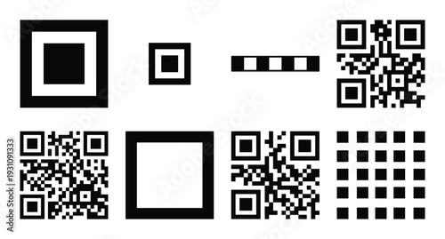 QR code elements set. QR code pattern, square finder pattern, block shapes and alignment pattern vector.