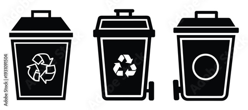Recycle bins black silhouette vector set. Trash containers different types icons. Waste management, garbage disposal, recycling