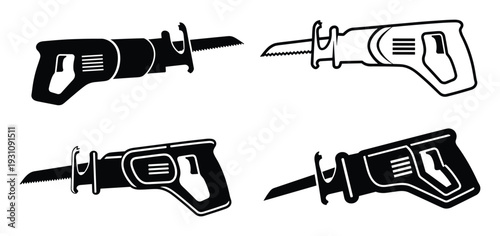 Reciprocating saw vector set with different outline styles, power tool for wood and metal work, construction and DIY projects