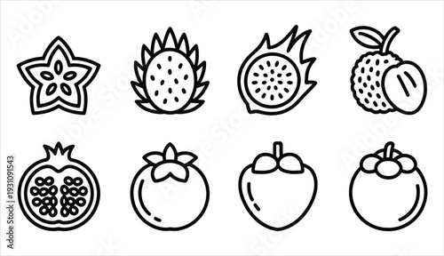 Outline Icons of Exotic Fruits Including Starfruit, Dragon Fruit, Lychee, and Pomegranate