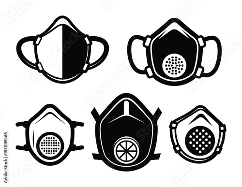 Respirator masks vector set, safety equipment, pollution protection and medical face masks collection