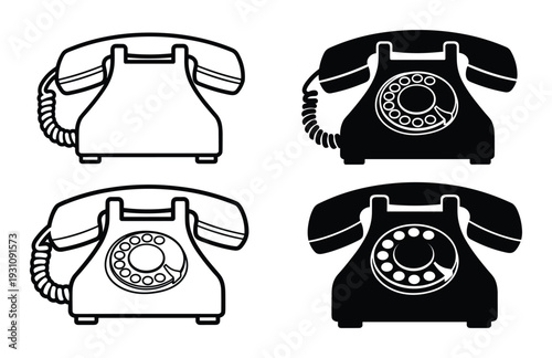Retro rotary telephone set, black and white telephone illustration, old-fashioned telephone, four telephone.