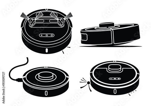 Robot vacuum cleaner illustration, top, side, bottom, and angled views for household appliance design projects