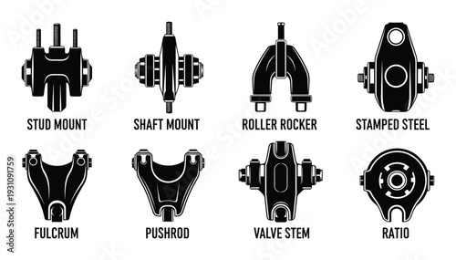 Rocker Arm Types Vector Illustration: Stud Mount, Shaft Mount, Roller Rocker, Stamped Steel, Fulcrum, Pushrod, Valve Stem, Ratio