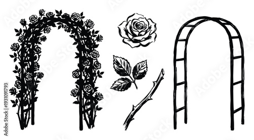 Rose archway with rose, leaves and stem in black and white vector drawing, rose covered arbor, romantic gateway entrance.