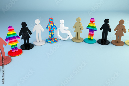 3D Illustration of diverse people icons with pride and disability symbols for inclusion