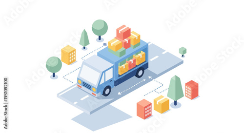 Isometric delivery truck with boxes and fruits on the road.