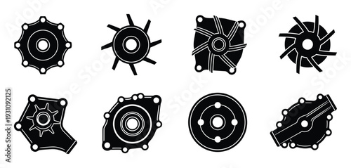 Set of automotive water pump components vector illustration in black and white for engineering or repair concept