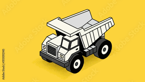 Isometric Dump Truck Illustration on Yellow Background.