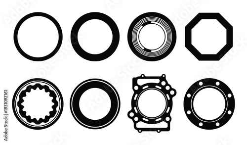 Set of black gasket vector design elements, engine cylinder gaskets, seals and different shapes and styles for machinery parts