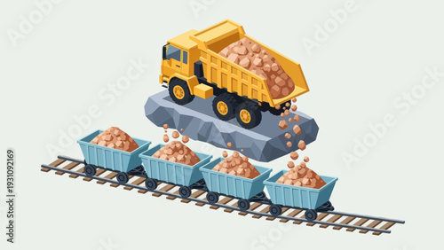 Isometric Dump Truck Unloading Material into Train Wagons.