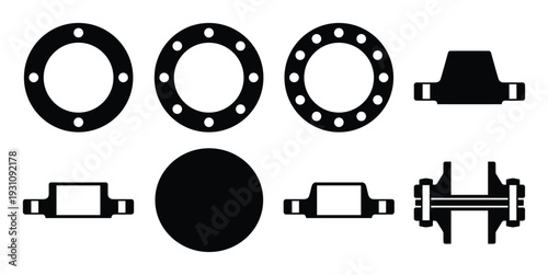 Set of black industrial pipe flanges and fittings illustrations on a white background