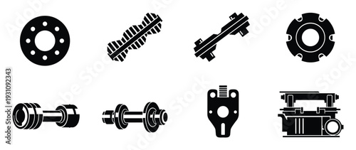 Set of industrial equipment and mechanical components black silhouette illustration.