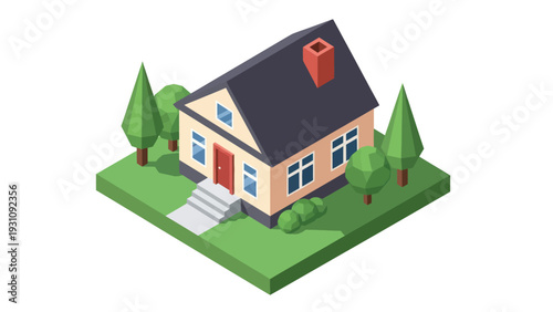 Isometric House Illustration with Green Lawn and Trees.